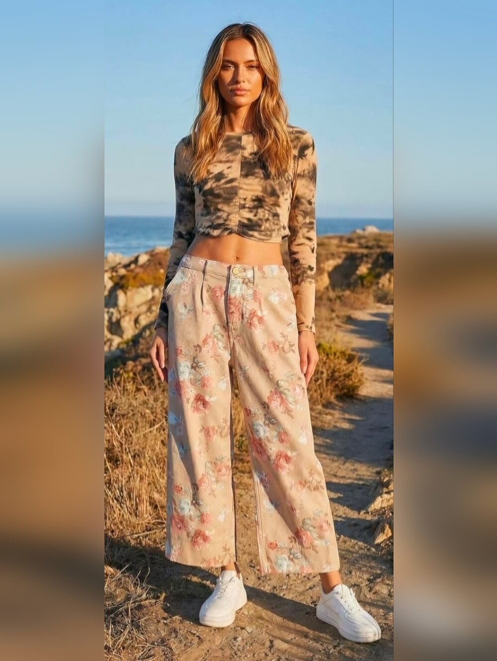 Loveimgs Khaki Floral Wide-Leg Baggy Mid-Rise Jeans - Picture 2 of 12